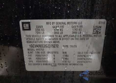 2016 Chevrolet Silverado 1500 1Lt from USA, damaged, VIN 1GCVKREC2GZ375272